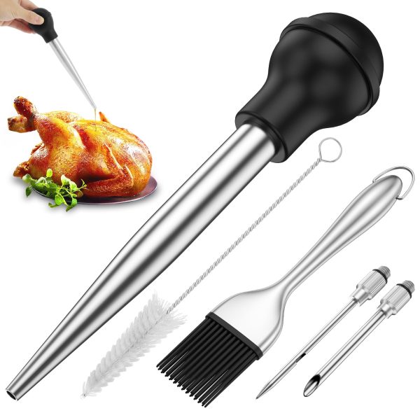 Tcwhniev 10Pcs Turkey Baster With Cleaning Brush Stainless Steel Turkey Baster Syringe Meat Marinade Injector Silicone Round Bulb Meat Baster for BBQ Grill Baking Kitchen Cooking