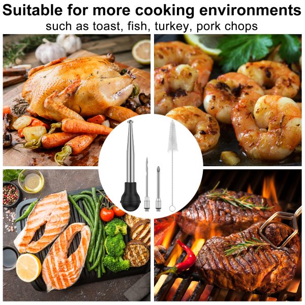 Tcwhniev Turkey Baster Stainless Steel Turkey Baster Syringe for Cooking Meat Injector Set with 2 Marinade Needles 1 Cleaning Brush Meat Baster for BBQ Grill Baking Kitchen Tool - Image 3