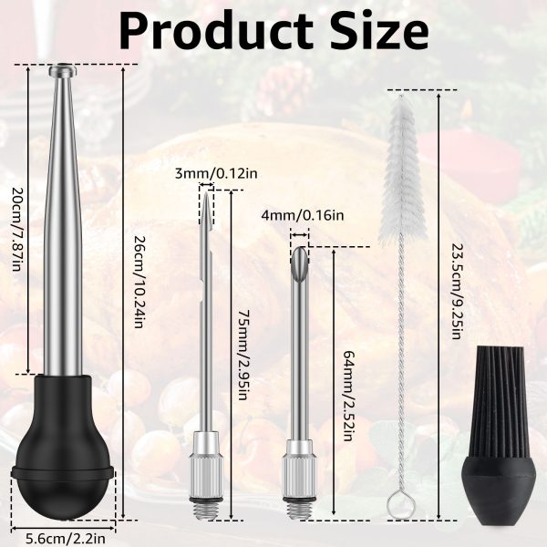 Tcwhniev Turkey Baster Stainless Steel Turkey Baster Syringe for Cooking Meat Injector Set with 2 Marinade Needles 1 Cleaning Brush Meat Baster for BBQ Grill Baking Kitchen Tool - Image 2