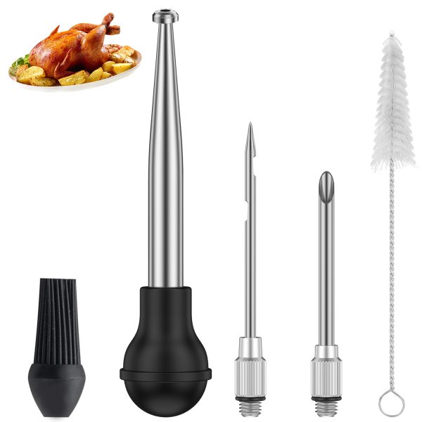 Tcwhniev Turkey Baster Stainless Steel Turkey Baster Syringe for Cooking Meat Injector Set with 2 Marinade Needles 1 Cleaning Brush Meat Baster for BBQ Grill Baking Kitchen Tool - Image 10