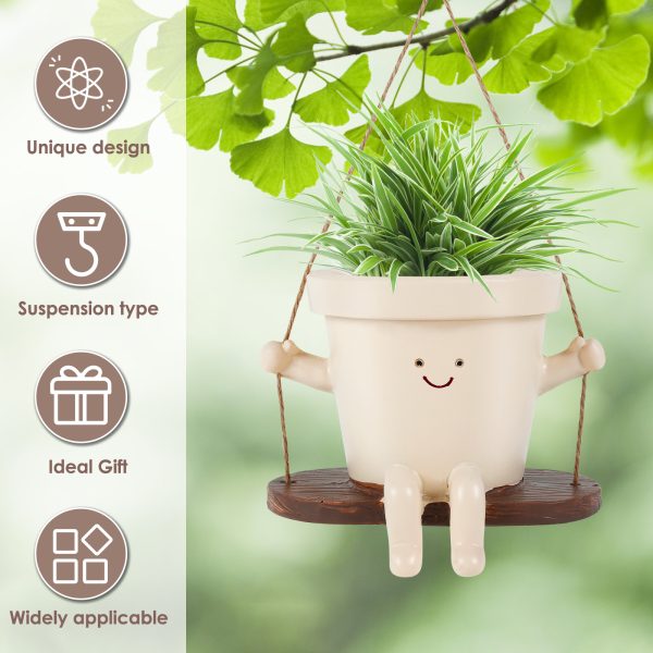 Swing Planter Pot Smile Face Swing Flowers Pot Cute Hanging Swing Planter Resin Swing Plant Pot for Indoor Outdoor Compact Haning Planter Pots Portable for Succulents Azaleas Pearls 11×7.9×13.8cm - Image 3