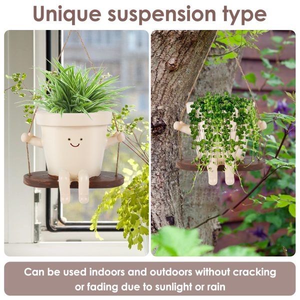 Swing Planter Pot Smile Face Swing Flowers Pot Cute Hanging Swing Planter Resin Swing Plant Pot for Indoor Outdoor Compact Haning Planter Pots Portable for Succulents Azaleas Pearls 11×7.9×13.8cm - Image 4