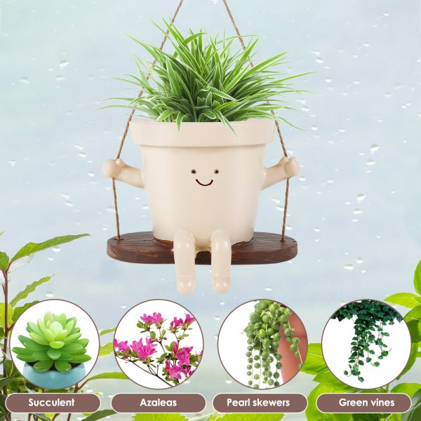 Swing Planter Pot Smile Face Swing Flowers Pot Cute Hanging Swing Planter Resin Swing Plant Pot for Indoor Outdoor Compact Haning Planter Pots Portable for Succulents Azaleas Pearls 11×7.9×13.8cm - Image 7