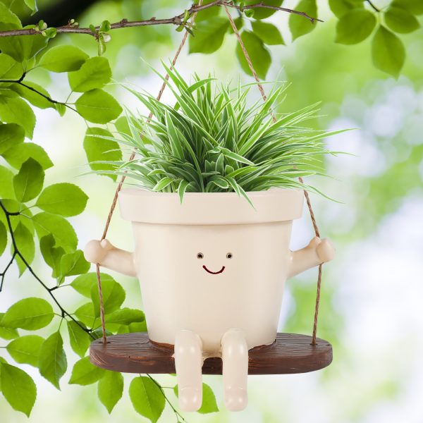 Swing Planter Pot Smile Face Swing Flowers Pot Cute Hanging Swing Planter Resin Swing Plant Pot for Indoor Outdoor Compact Haning Planter Pots Portable for Succulents Azaleas Pearls 11×7.9×13.8cm - Image 2