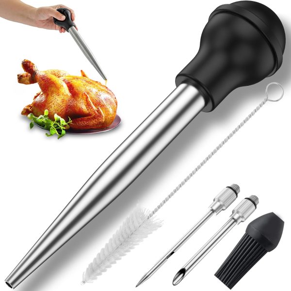 Tcwhniev Turkey Baster Stainless Steel Turkey Baster Syringe for Cooking Meat Injector Set with 2 Marinade Needles 1 Cleaning Brush Meat Baster for BBQ Grill Baking Kitchen Tool