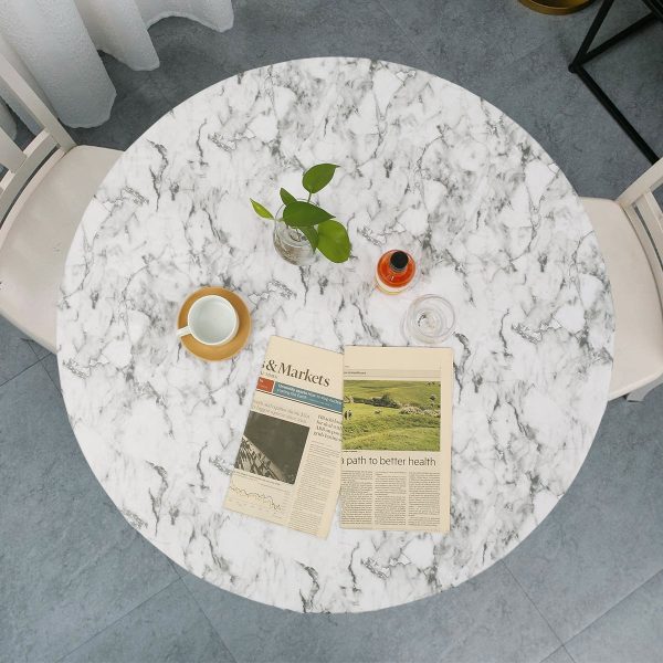 Tcwhniev Indoor Outdoor Patio Round Fitted Vinyl Tablecloth, Flannel Backing, Elastic Edge, Waterproof Wipeable PVC Table Cover,White marble Pattern for 5-Seat Table of 36-44???? Diameter