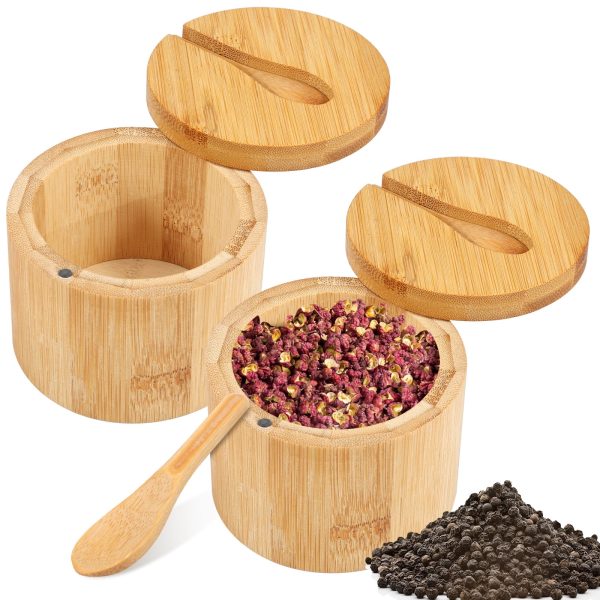 Tcwhniev 2 Pcs Bamboo Salt Cellar, Salt and Pepper Bowls Bamboo Pepper Salt Box Bamboo Storage Box with Magnetic Swivel Lid and Spoon Seasoning Container for Salt Pepper Spice Sugar