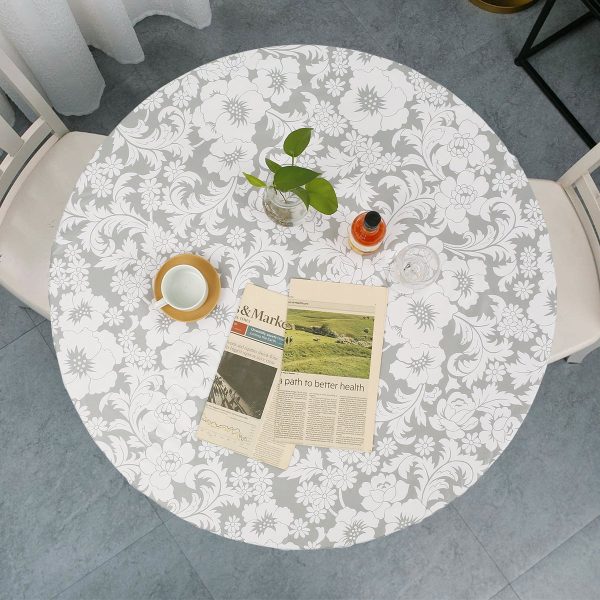 Tcwhniev Indoor Outdoor Patio Round Fitted Vinyl Tablecloth, Flannel Backing, Elastic Edge, Waterproof Wipeable Plastic Cover in Gray chrysanthemum Pattern for 6-Seat Table of 44-55???? Diameter