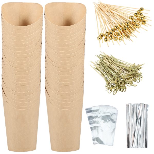 Jetcloudlive 50 Pcs Charcuterie Cups with 200 Bamboo Sticks 50 Bags and 50 Ties 14oz Snack Serving Cup Paper Appetizer Cup Handheld French Fries Holder for Fruits Appetizers