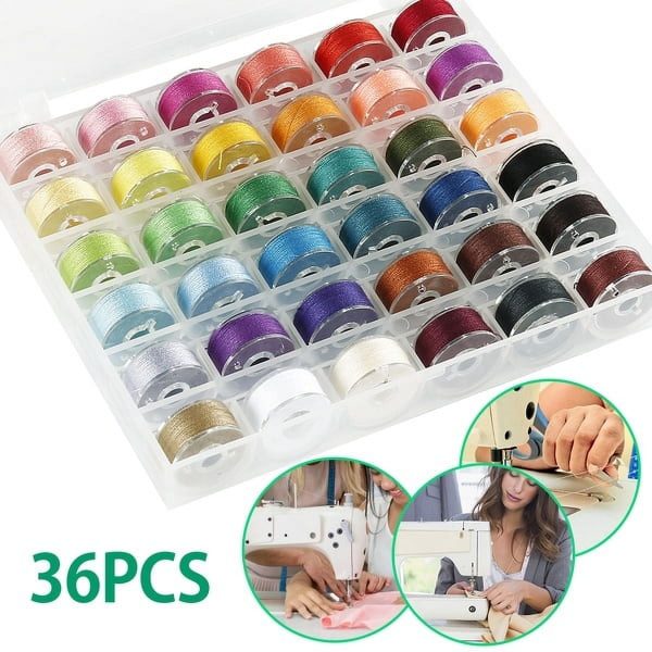 Tcwhniev 36PCS Bobbins and Sewing Thread Prewound Sewing Bobbin Threads with Bobbin Case and Soft Measuring Tape