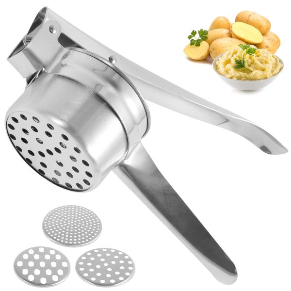 Tcwhniev Potato Ricer, Stainless Steel Potato Masher, 3 Interchangeable Discs, Multifunctional Kitchen Manual Masher Tool for Fruit Vegetable