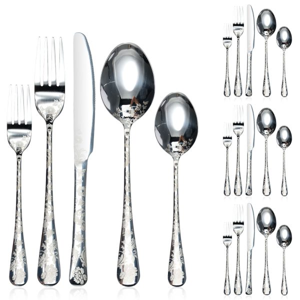 Tcwhniev 20 Piece Silver Silverware Set Service for 4, Stainless Steel Flatware Set, Mirror Polished Cutlery Set, Flower Pattern Forks and Spoons Set with Knives, Dishwasher Safe
